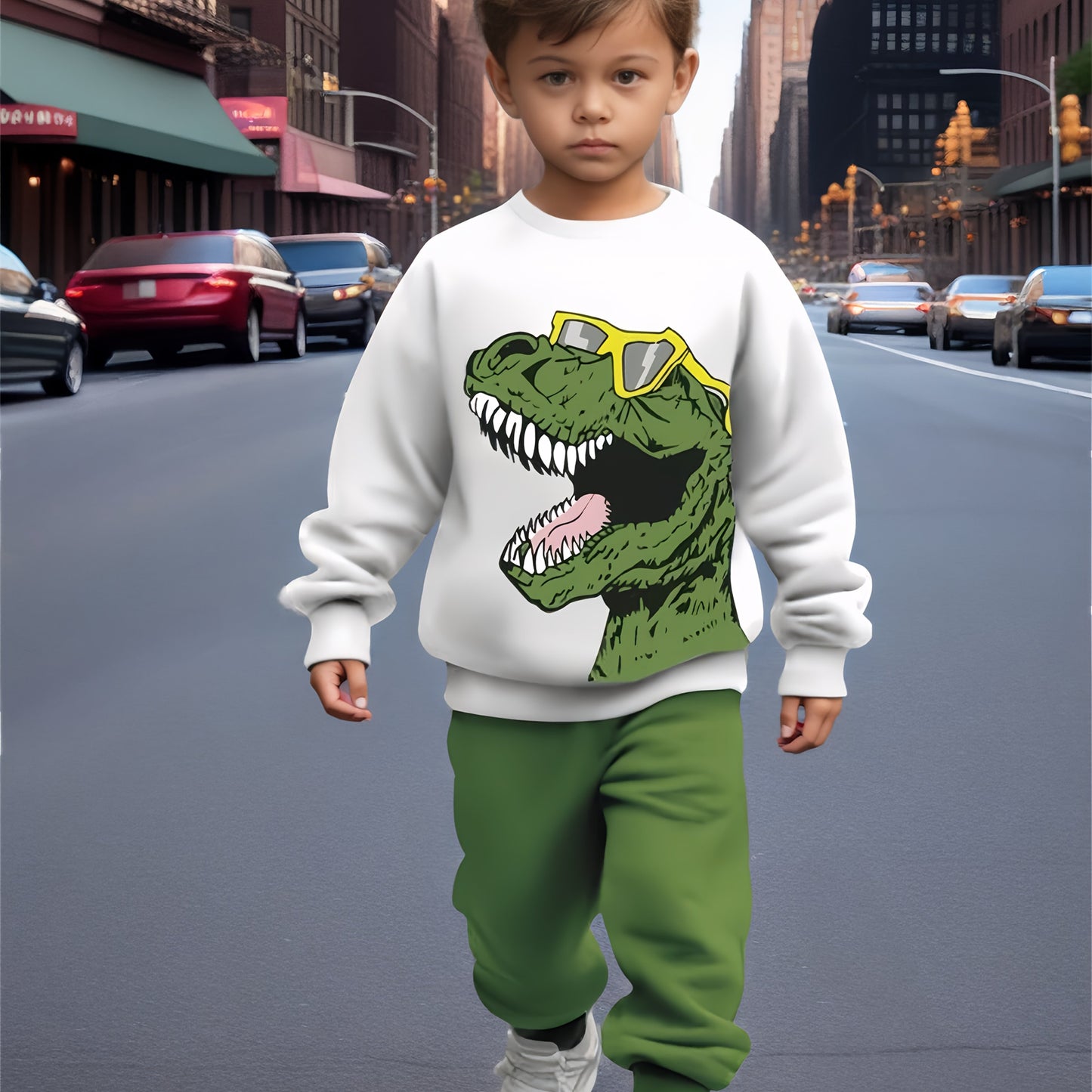 2pcs boys' casual sweatshirt and pants set with cool dinosaur print, perfect for autumn and winter seasons. Ideal as a gift or for leisure, sports, and vacation activities. Suitable for outdoor wear, Perfect for Outdoor