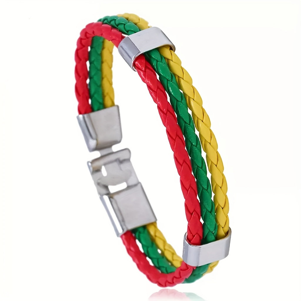 Handmade Braided Red, White, and Green Flag Faux Leather Bracelet - Fashionable Faux Leather Accessory with Metal Buckle, Ideal for National Holiday Celebrations, National Holiday Gift|Festive Accessory|Durable Faux Leather,