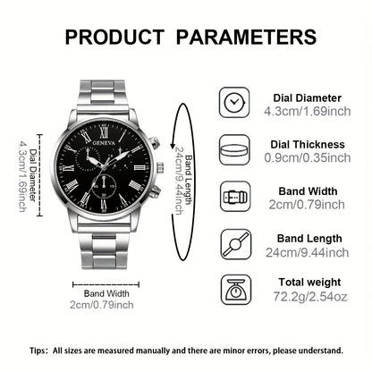 3pcs Men'S Fashion Casual Roman Numeral Quartz Watch with Necklace and Bracelet Set, Suitable for Father'S Day, Teacher'S Day, Thanksgiving, Students, Graduation, Birthday, Best Gift