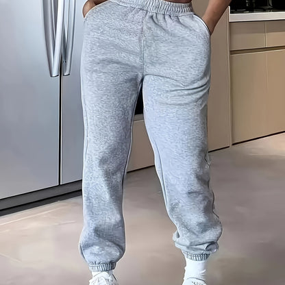 High-Waisted Elastic Jogger Pants for Women - 100% Polyester Casual Style Solid Color Trousers for Spring/Summer/Fall