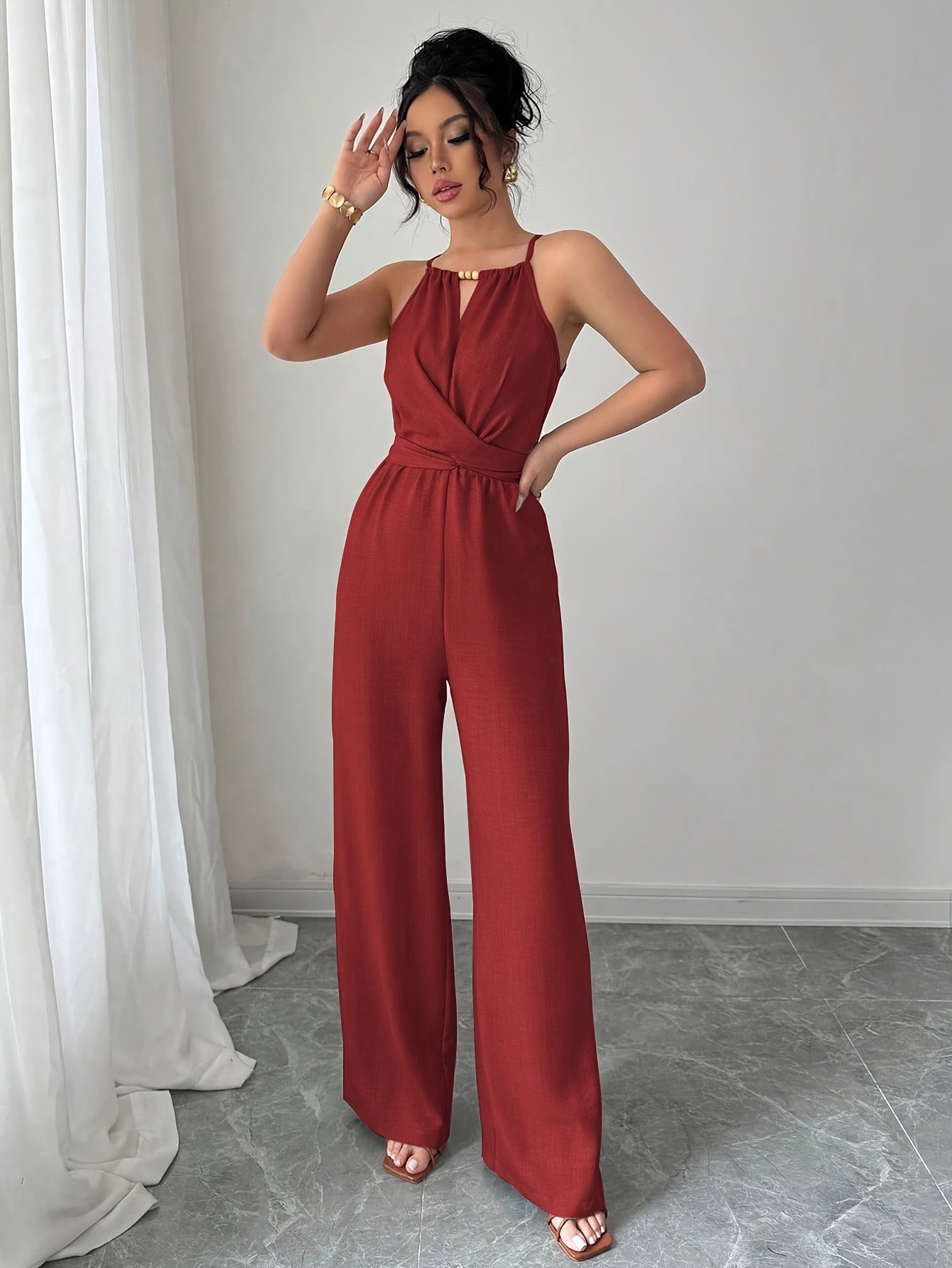 Women'S Elegant Off-Shoulder Twist Front Jumpsuit - Beige Wide-Leg Jumpsuit with Adjustable Waist Tie, Perfect for Spring & Summer Casual or Dressy Outfits, Casual Chic Wear | Offshoulder Fashion | Polyester Fabric