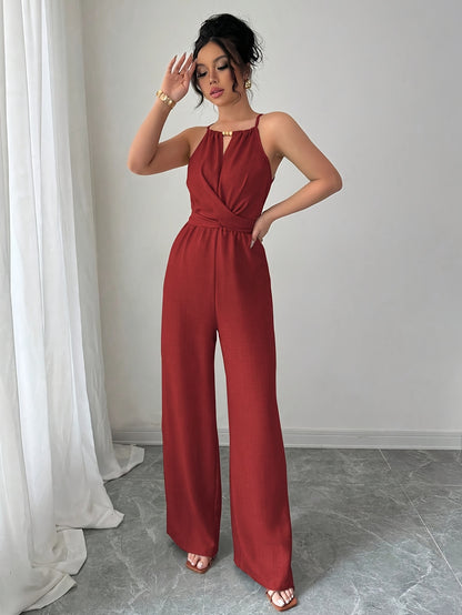 Women'S Elegant Off-Shoulder Twist Front Jumpsuit - Beige Wide-Leg Jumpsuit with Adjustable Waist Tie, Perfect for Spring & Summer Casual or Dressy Outfits, Casual Chic Wear | Offshoulder Fashion | Polyester Fabric