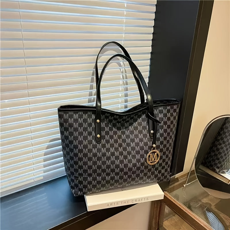 2025 Women's Designer-Inspired Large Tote Bag - Geometric Synthetic Leather Handbag with Detachable Golden Chain Strap & 'M' Monogram Accent, Lightweight Work Purse for Office, School, Shopping - Coffee Brown, Beige, Black -