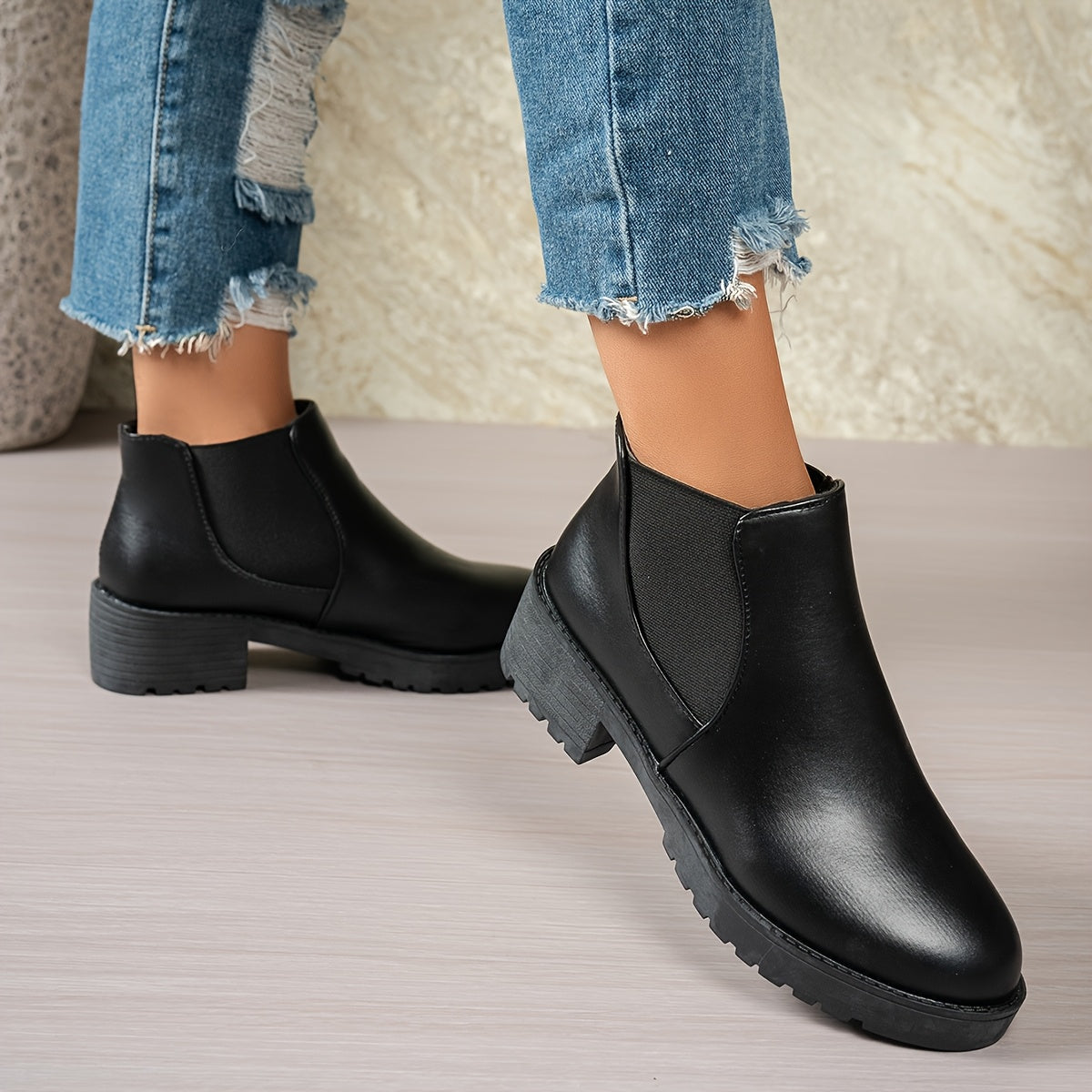 MagiMoBo Women'S Slip-On Chunky Mid-Heel Ankle Boots - Faux Cover Round Toe Platform Boots with Thick Rubber Sole, All-Season Casual Versatile Boots for Casual Attire, Comfortable Walking Boots, Durable Fabric Insole