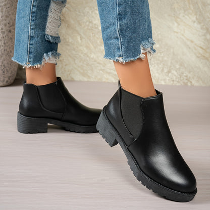 MagiMoBo Women'S Slip-On Chunky Mid-Heel Ankle Boots - Faux Cover Round Toe Platform Boots with Thick Rubber Sole, All-Season Casual Versatile Boots for Casual Attire, Comfortable Walking Boots, Durable Fabric Insole