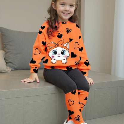 Girls' Spring/Autumn Heart Print Round Neck T-Shirt + Casual Patchwork Pants Cute Cat Pattern Two-Piece Set