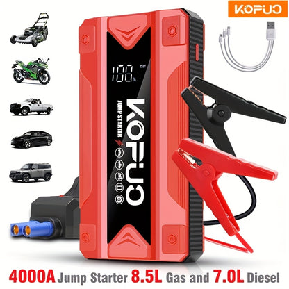 KOPUO 4000A Car Battery Jump Starter - Portable 12V Jump Box with USB/Power Bank, Dual Output, LED Light, and 8, 5L Gas/7, 0L Diesel Engine Compatibility for Cars, Trucks, SUVs, and Motorcycles, Car Jump Starter Battery Pack,