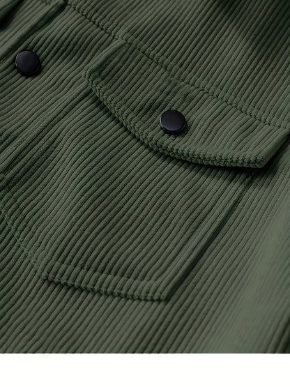 Men'S Plus Size Corduroy Bomber Jacket - Casual Workwear with Snap Buttons, Flap Pockets, and Polyester Lining - Machine Washable, Autumn & Spring Fashion, Casual Outerwear | Casual Jacket | Polyester Lining Jacket
