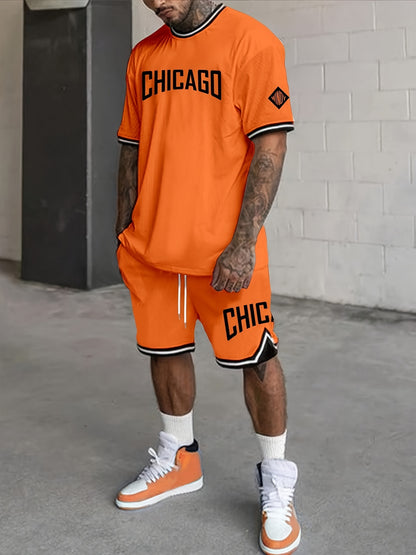 Sports Print Men's 2pcs Fashion Casual Suit, Round Neck Short Sleeve T-shirt and Waistband Shorts Set, Suitable for Spring and Summer, Men's Print Clothing