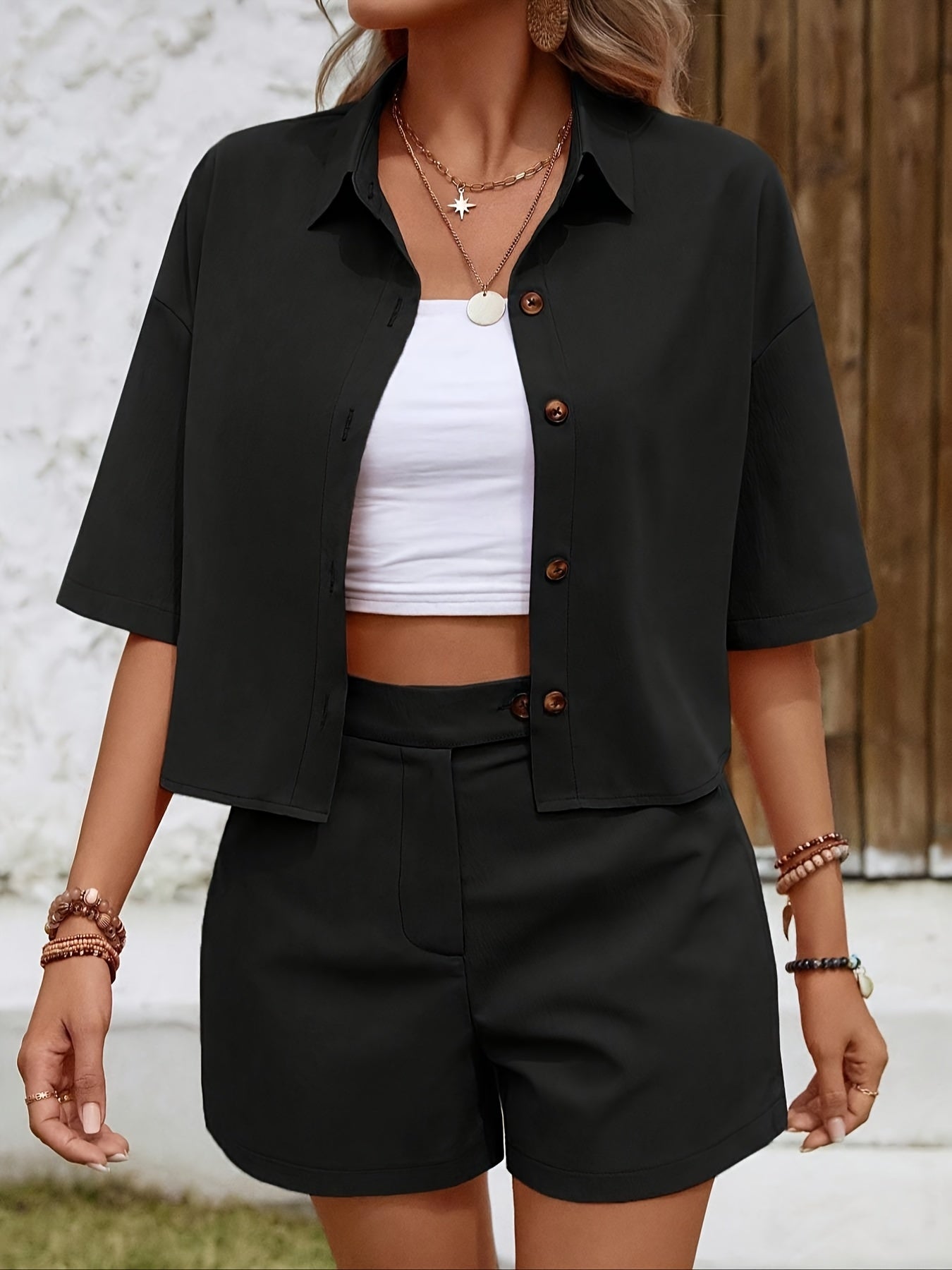 Stylish Versatile Short Sleeve Shirt + High-Waist Shorts Set 009
