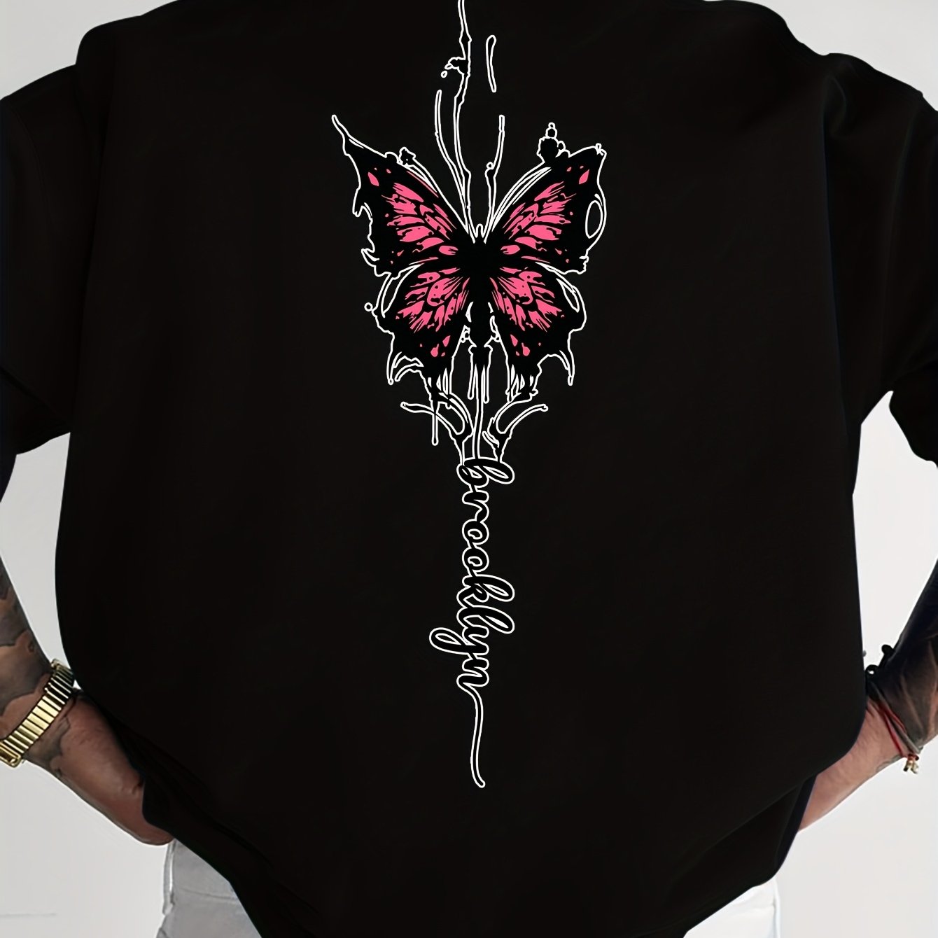 Men's Streetwear Graphic T-Shirt with Pink Butterfly & Brooklyn Letter Print - Loose Fit Casual Summer Tee, Breathable Round Neck Short Sleeve Shirt for Urban Fashion, Casual Attire, Streetstyle Tee, Relaxed Fit Top