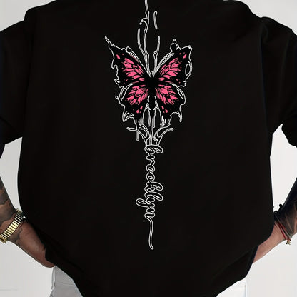 Men's Streetwear Graphic T-Shirt with Pink Butterfly & Brooklyn Letter Print - Loose Fit Casual Summer Tee, Breathable Round Neck Short Sleeve Shirt for Urban Fashion, Casual Attire, Streetstyle Tee, Relaxed Fit Top