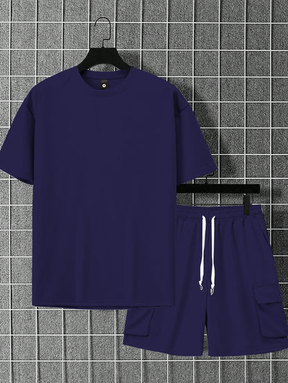 New Loose-Fitting Breathable Men'S Round Neck Short-Sleeved T-Shirt And Workwear Style Multi-Pocket Shorts Set Summer Leisure Sports Two-Piece Suit, Fashionable Sports Casual Versatile Tops And Pants for Men And Women