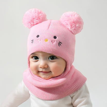 Knit Balaclava Beanie and Neck Warmer hat,cat Embroidery, Stretch Fit, Suitable for 0-3 Years Old, Daily and Casual Wear, Birthday, Holiday Party, Autumn and Winter, Christmas, Halloween