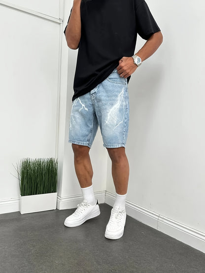 Men's Relaxed Fit Straight-Leg Distressed Wash Print Denim Shorts - Casual Streetwear Versatile Mid-Length Shorts for All-Season Comfort