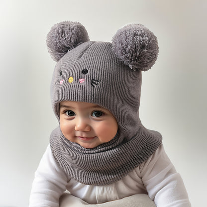 Knit Balaclava Beanie and Neck Warmer hat,cat Embroidery, Stretch Fit, Suitable for 0-3 Years Old, Daily and Casual Wear, Birthday, Holiday Party, Autumn and Winter, Christmas, Halloween