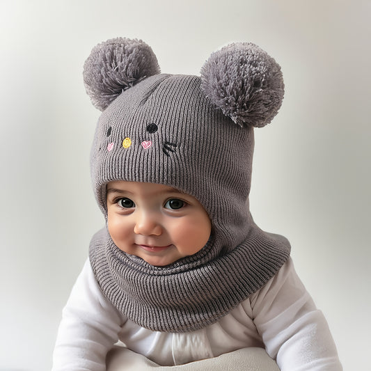 Knit Balaclava Beanie and Neck Warmer hat,cat Embroidery, Stretch Fit, Suitable for 0-3 Years Old, Daily and Casual Wear, Birthday, Holiday Party, Autumn and Winter, Christmas, Halloween