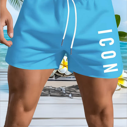 Men'S Quick-Dry Beach Shorts - Breathable, Sun-Protective Lightweight Running & Hiking Shorts with "ICON" Geometric Print, Elastic Waistband, Side Pockets, Casual Outdoor Activewear, Beach Shorts