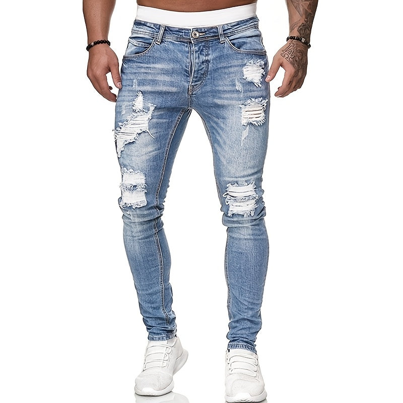 Men'S Slim-Fit Distressed Denim Jeans - Trendy Ripped Knee-Length Casual Pants, Light Blue Raw Wash, Comfortable Stretch Fabric for All-Season Wear, Everyday Fashion, Fashionforward Design, Durable Fabric Construction