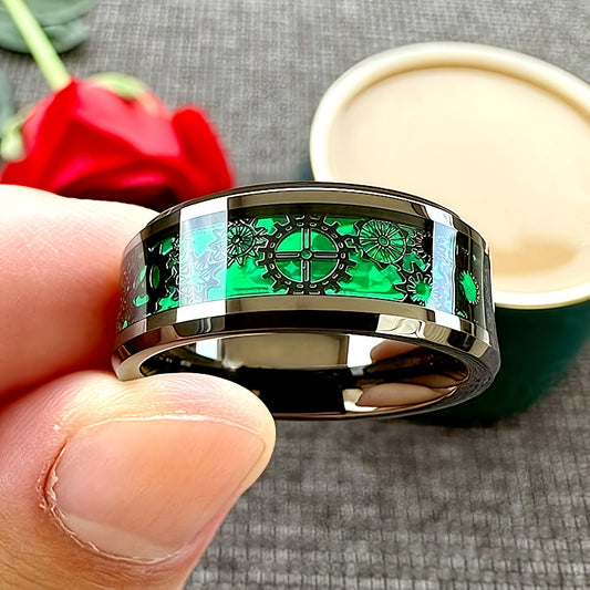 8mm Black Green Carbon Fiber Steam Punk Gear Inlaid Stainless Steel Ring for Men and Women'S Wedding Rings, Beveled Polishing, Comfortable Fit