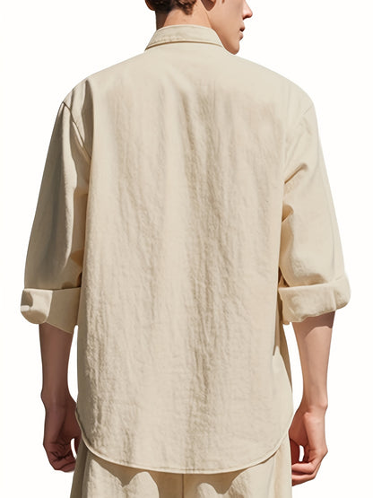 Men's Lightweight 95% Linen Shirt - Breathable Summer Casual Button-Up with Stand Collar, Regular Fit for Beach & Urban Wear, Solid Color