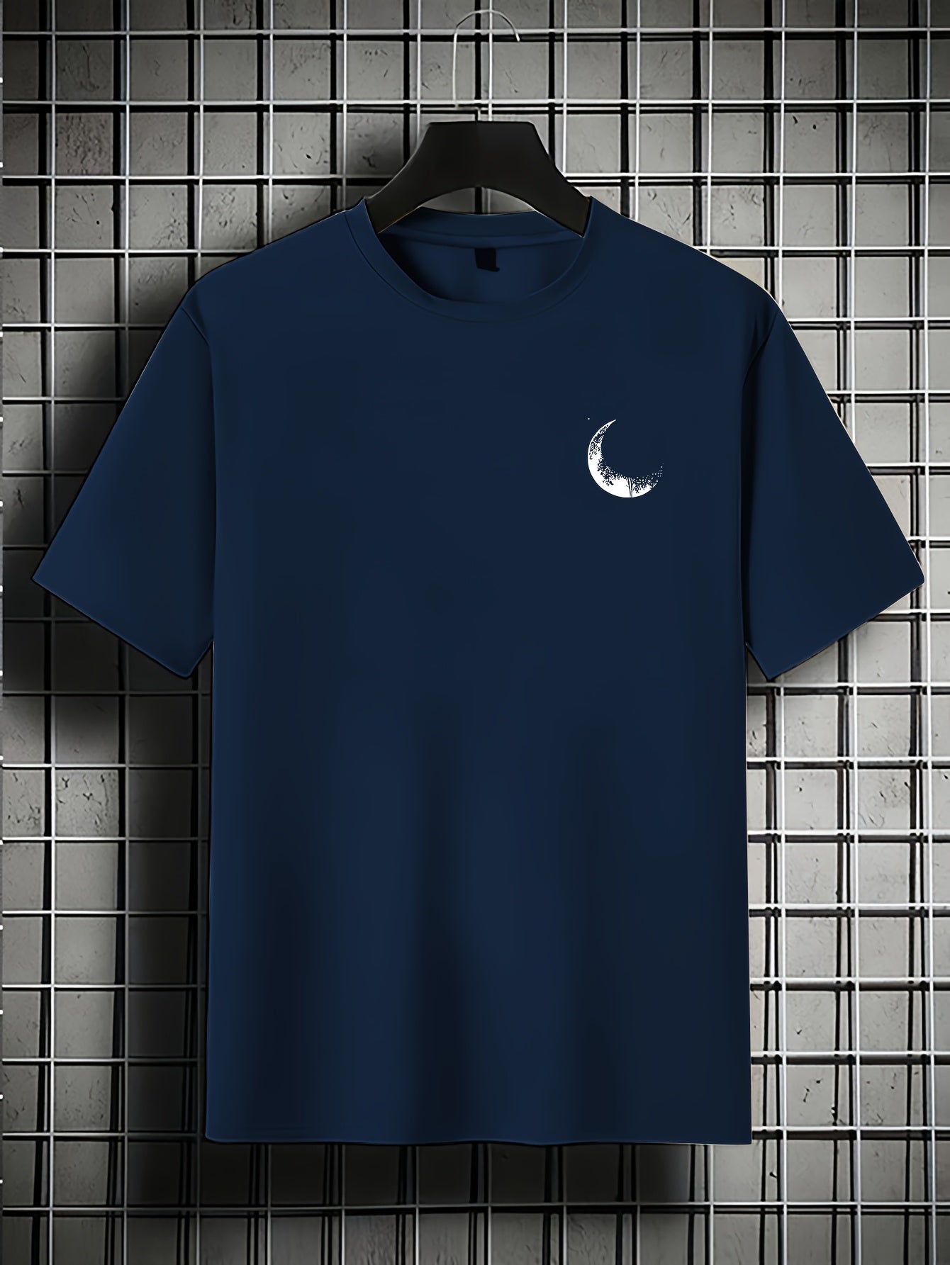 Men's Graphic Print Short Sleeve T-Shirt - Black Relaxed Fit Casual Round Neck, Durable Polyester Fabric, Machine Washable Summer Outdoor Top, Moon And Trees Design | Lightweight Clothing