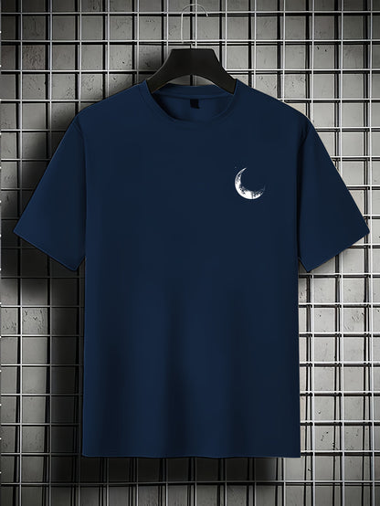 Men's Graphic Print Short Sleeve T-Shirt - Black Relaxed Fit Casual Round Neck, Durable Polyester Fabric, Machine Washable Summer Outdoor Top, Moon And Trees Design | Lightweight Clothing