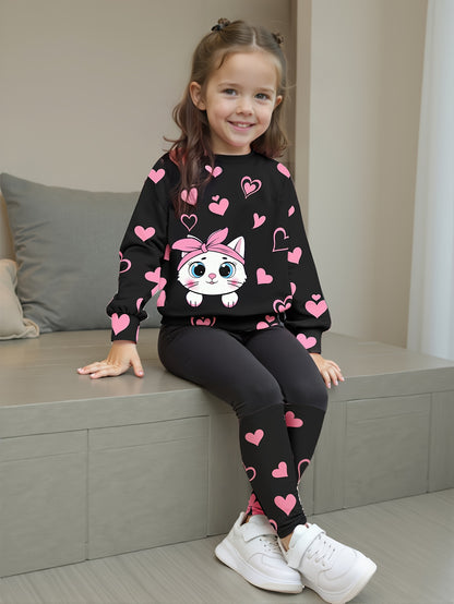 Girls' Spring/Autumn Heart Print Round Neck T-Shirt + Casual Patchwork Pants Cute Cat Pattern Two-Piece Set