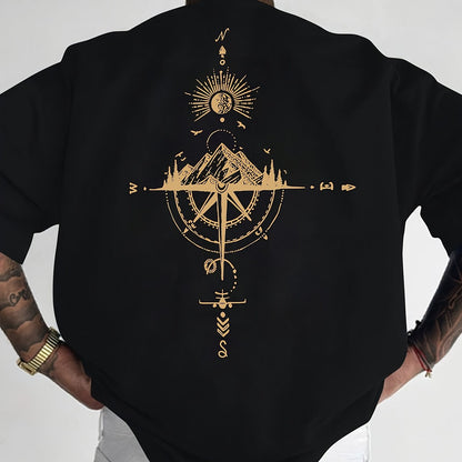 Men's Short Sleeve T-Shirt 100% Polyester Loose Fit Casual Round Neck Navy Blue with Golden Compass Rose Mountain Print - Summer Outdoor Adventure Graphic Tee, Modern Casual Top | Easy Care Clothing