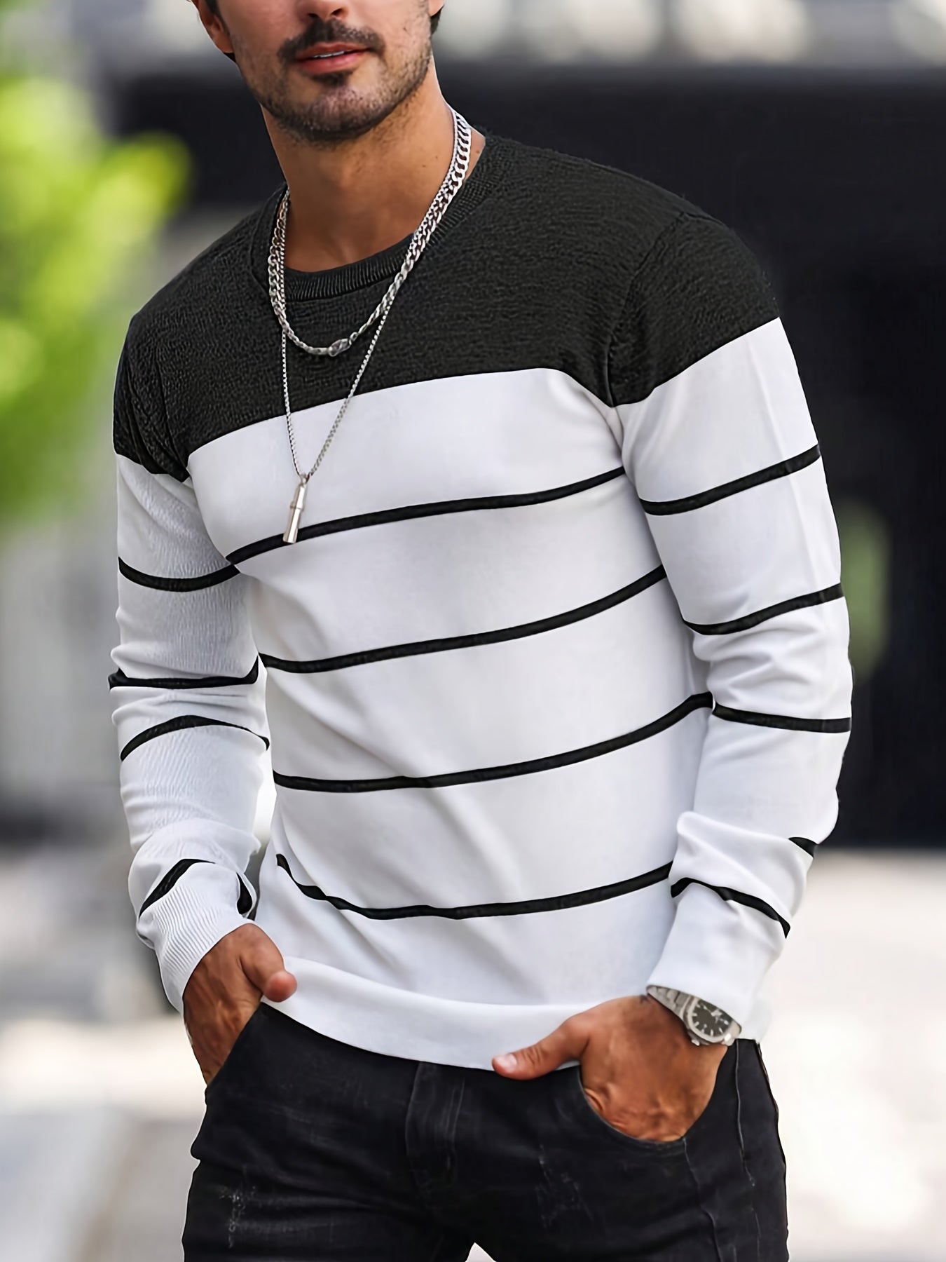 Men's Casual Striped Knit Pullover Sweater - Navy & White Contrast, Regular Fit H-Silhouette, Long Sleeve Crew Neck, Medium Stretch, Machine Washable for Spring & Fall, Mediumstretch Fabric