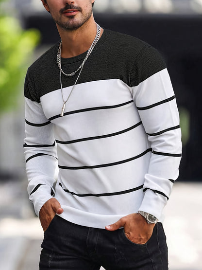 Men's Casual Striped Knit Pullover Sweater - Navy & White Contrast, Regular Fit H-Silhouette, Long Sleeve Crew Neck, Medium Stretch, Machine Washable for Spring & Fall, Mediumstretch Fabric