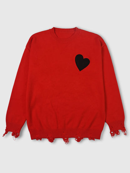 Cozy Men'S Red Heart Knit Sweater - Warm, Comfortable Loose Fit Pullover for Fall/Winter, Casual Crew Neck, Medium Stretch, Viscose Material