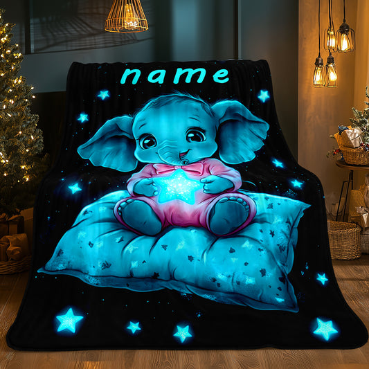 [Whimsical Charm] Personalized Name Starry Night Elephant Blanket – Soft Flannel, Lightweight & Warm – Cute Youngsters Elephant Design with Glowing Stars – Perfect for Sofa, Bed, Travel, Camping, and Gifting – 80.01x1