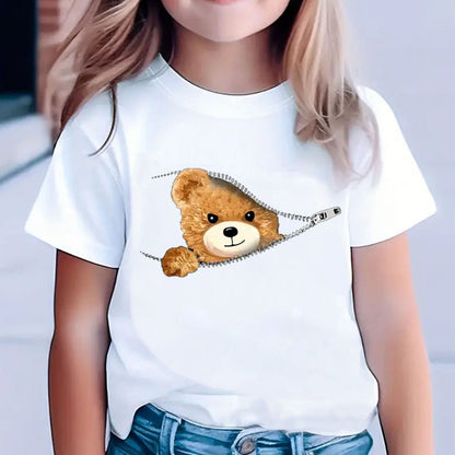 Girls' White Short Sleeve T-Shirt with Neon Green Cartoon Bear Zipper Pocket Design - Cute Streetwear Top for Spring Summer Fall, Soft Knit Round Neck Casual Playwear, Shirts for Girls, Playful Outfit, Comfortable Fit, Durabl