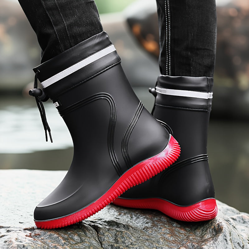Men'S & Women'S Stylish Black Rain Boots with White Stripes - Waterproof, Slip-On, Round Toe Rain Boots for Outdoor Activities, Camping, and Beach Walking, Outdoor Footwear|Minimalist Design|PVC Upper Boots