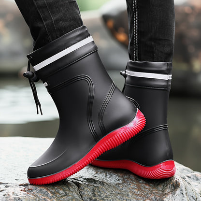 Men'S & Women'S Stylish Black Rain Boots with White Stripes - Waterproof, Slip-On, Round Toe Rain Boots for Outdoor Activities, Camping, and Beach Walking, Outdoor Footwear|Minimalist Design|PVC Upper Boots