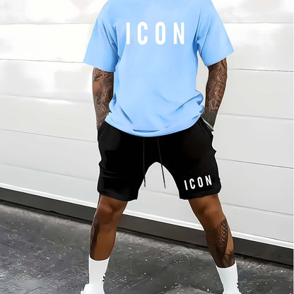 Men'S Casual Sporty Outdoor Two-Piece Set - Summer T-Shirt & Shorts with Bold "ICON" Print, Geometric Pattern, Regular Fit, Crew Neck, Light Blue & Black, Comfortable for Casual Attire, Leisure Clothing | Bold Print Shirt | C