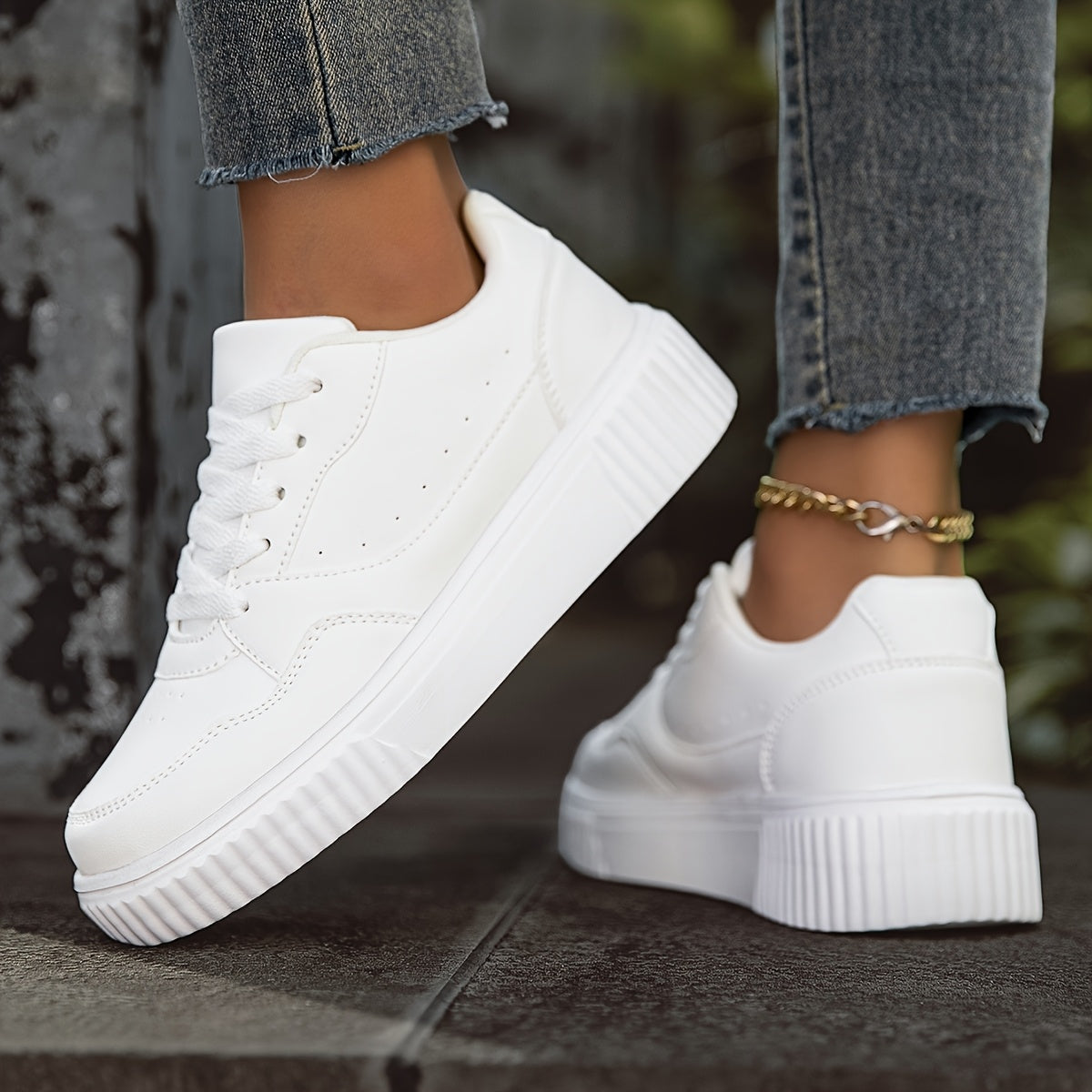 Women's White Low-Top Casual Sneakers - Lightweight Comfortable Lace-Up Shoes with Synthetic Cover Upper, EVA Cushioned Sole & Breathable Fabric Lining for All-Season Versatile Wear, Shoe Laces for Sneakers, Minimalist Design
