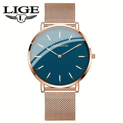 LIGE Women'S Ultra-Thin Quartz Watch with Rose Golden Mesh Strap - Elegant Blue Dial, Minimalist Design, Perfect Gift for Mother'S Day, Christmas, Thanksgiving, Christmas Accessory | Minimalist Watch | Quartz Movement
