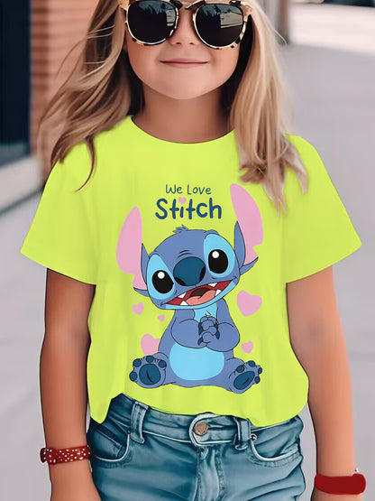 Youngsters' Stitch Cartoon Print T-Shirt - Pink Casual Summer Top with "We Love Stitch" Design, Soft & Breathable Knit Fabric, Round Neck, Machine Washable, Perfect for Youngsters' Playtime & Holidays, Youngsters'S Playtime S