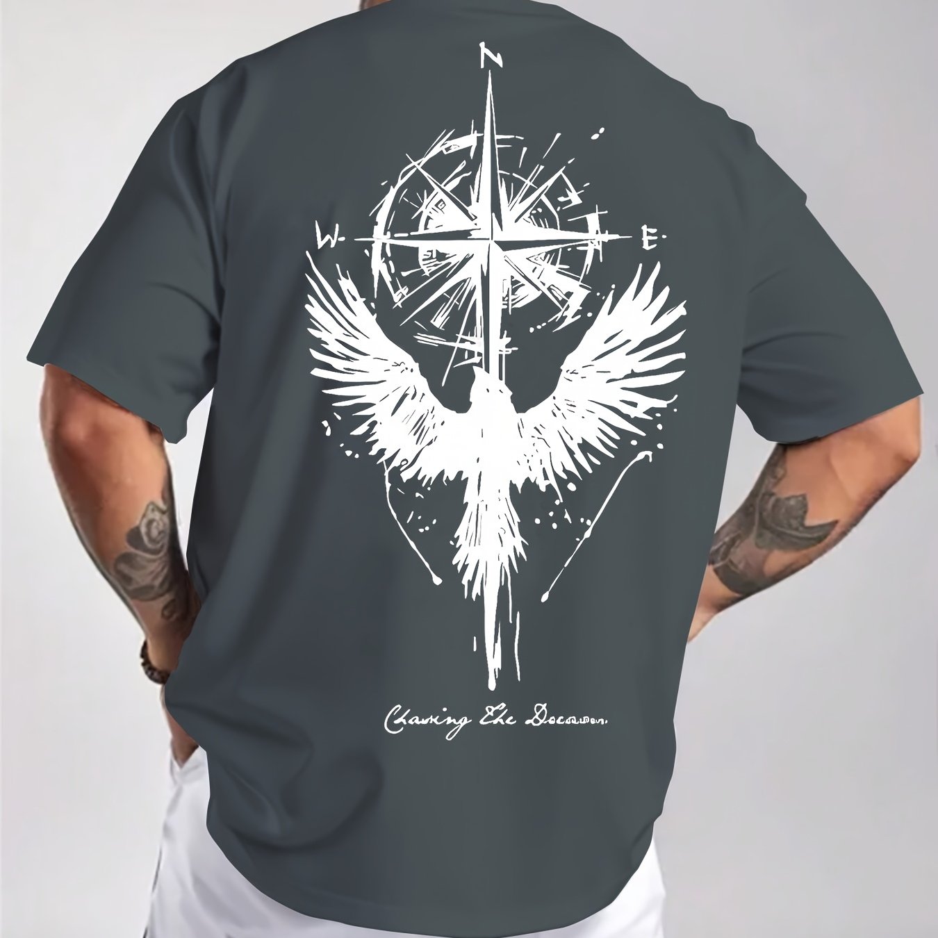 Men'S Summer Short Sleeve T-Shirt with Bold Eagle & Compass Print - Light Blue Casual Round Neck Tee, Comfortable Stretch Fabric for Casual Attire, Everyday Tshirt | Bold Graphic Tee | Comfortable Fit