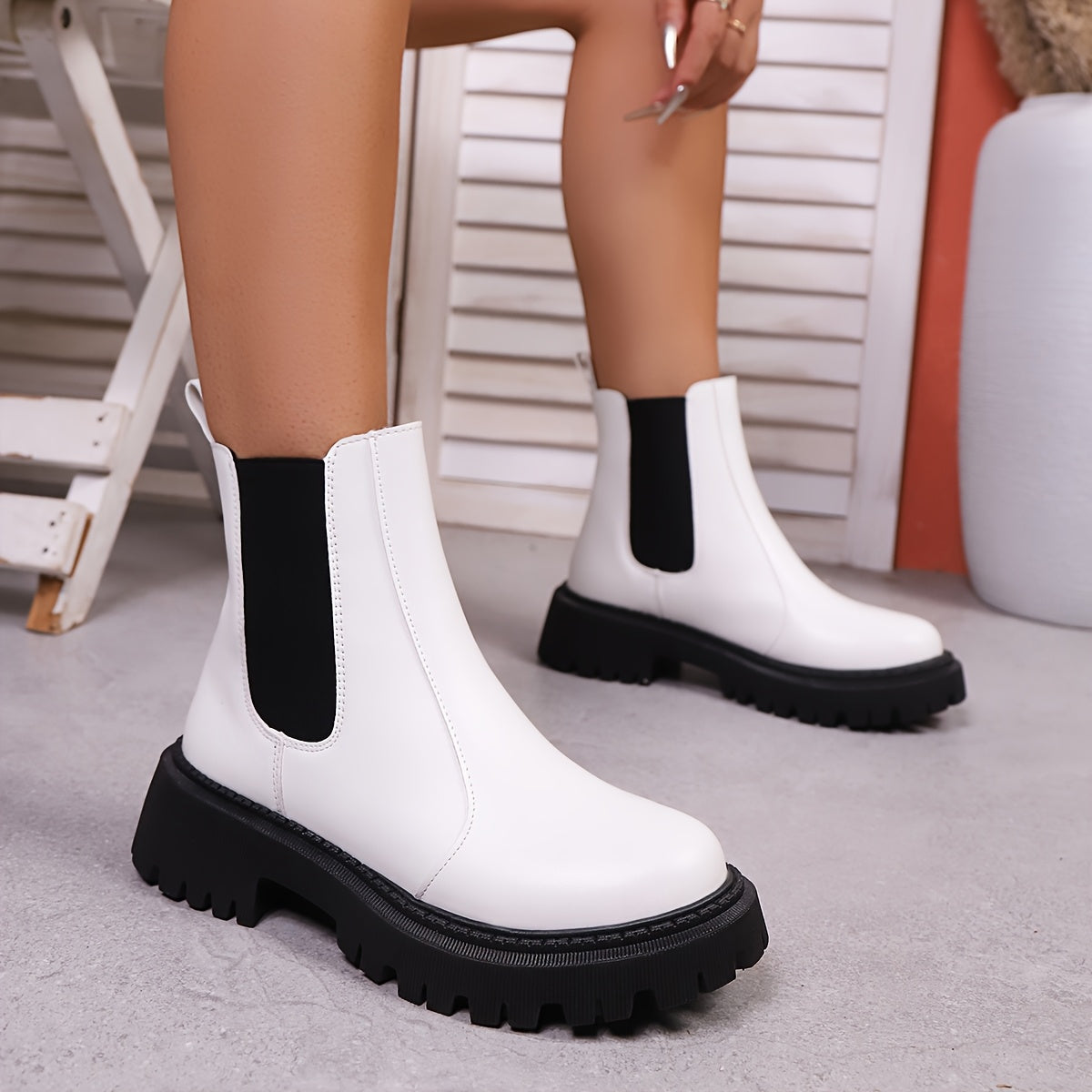 Women'S Slip-On Chelsea Boots - Thick Platform Mid-Calf, Round Toe & Cushioned Sole, Soft Rubber Sole, Elastic Lining, Solid Black Versatile Boots for Autumn/Winter Commuting & Casual Wear, Comfortable Footwear, Fashionforwar