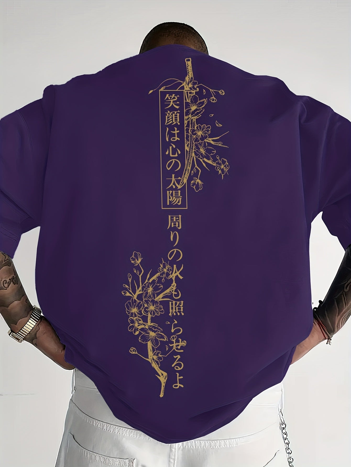 Men's Japanese Sakura Cherry Blossom & Text Print Casual T-Shirt - Black with Golden Floral Print Design, Loose Fit Round Neck, Breathable Summer Fabric, Machine Washable, Relaxed Fit Clothing, Elegant Design Shirt