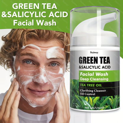 Green Tea & Salicylic Acid Facial Cleanser with Green Tea, Turmeric, Tea Tree Oil Facial Cleanser Creates Creamy Foam, Soothes And Moisturizes Skin, Control Oil, Clarify And Balance Skin, Unclogs Pores, for Acne Skin, Oily, C