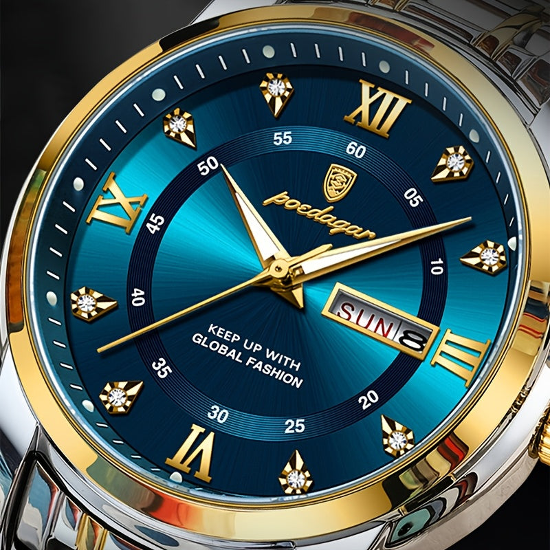 1pc Men's Fashion Stainless Steel Quartz Watch with Date Function, Rhinestone Accents, Luminous Hands, Round Dial - Casual Style, Battery Powered, Water Resistant, Ideal Gift for Birthdays and Anniversaries