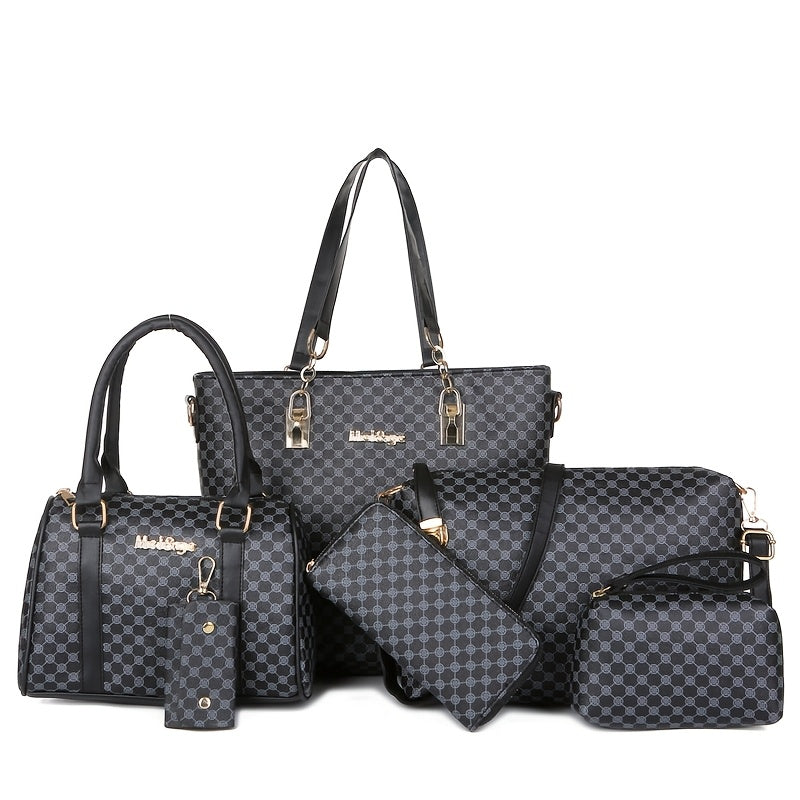 Fashion 6pcs Women's handbag set, geometric pattern, urban theme, zipper closure, polyester lining, edge paint.