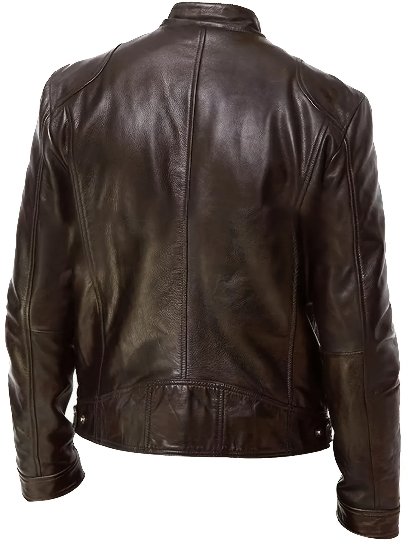 1pc Men'S Casual Faux Leather Jacket with Stand Collar, Solid Color Motorcycle Coat, Regular Fit with Pockets, Non-Stretch Woven Fabric - Spring/Fall Fashion Outerwear