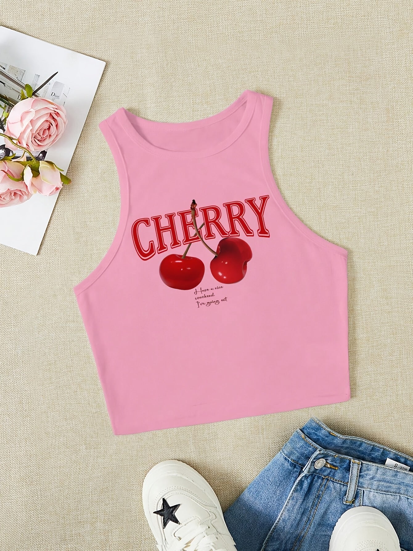 Women's Elegant Cropped Graphic Tank Top - Cherry Print Semi-Sheer Stretchy, Round Neck Sleeveless Shirt, Machine Washable All-Season Casual Top, Ladies Tank Tops, Playful Summer Wear