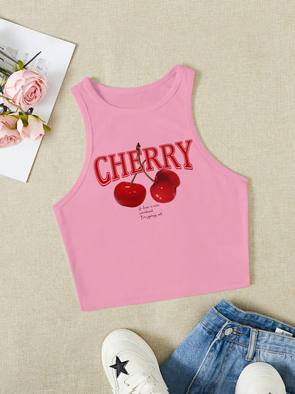 Women's Elegant Cropped Graphic Tank Top - Cherry Print Semi-Sheer Stretchy, Round Neck Sleeveless Shirt, Machine Washable All-Season Casual Top, Ladies Tank Tops, Playful Summer Wear