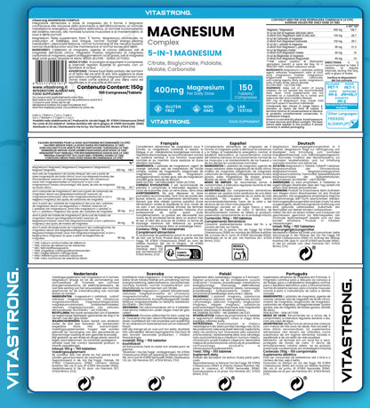 Magnesium Complex 5-In-1, 400Mg Per Serving, 5 Magnesium Sources: Bisglycinate (Magnesium Glycinate), Magnesium Citrate, Malate, Pidolate, Carbonate, 150 Tablets, Pure Magnesium Premium Quality Vitastrong